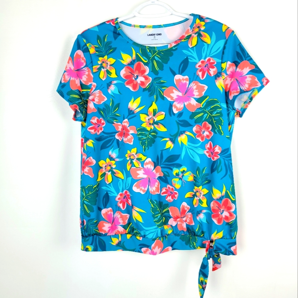 Lands' End Floral Rash Guard Sun Protection Chlorine Resistant Sz 10-12 M